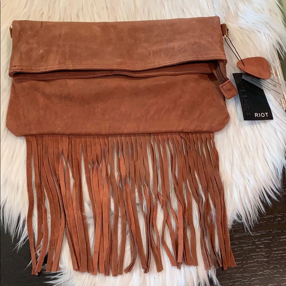 Culture Riot Handbags - Suede Cognac Brown Fold Over Fringe BoHo Clutch